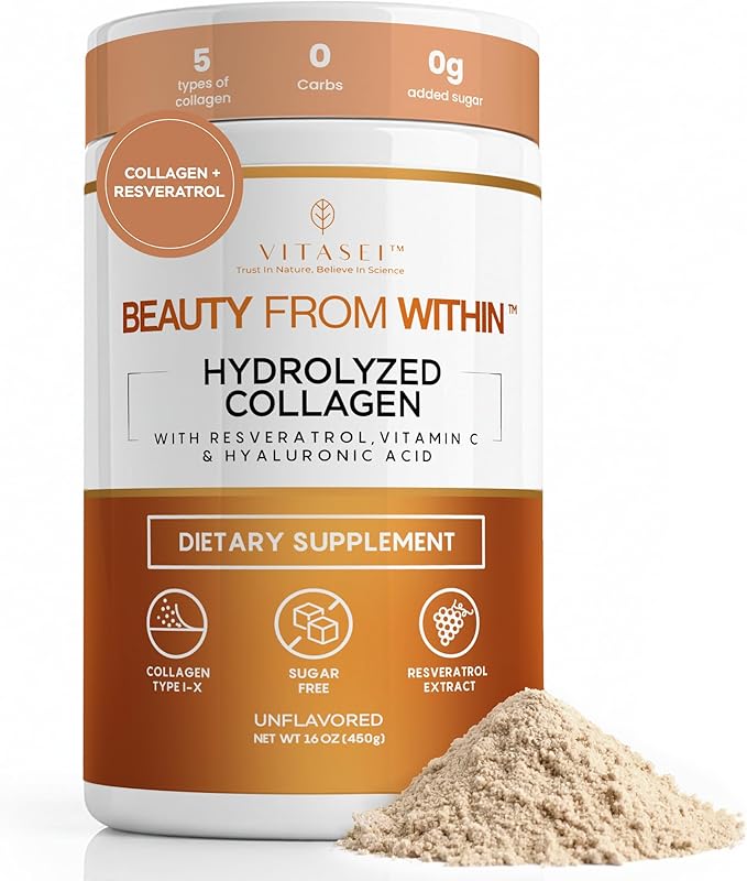 VITASEI Hydrolyzed Collagen Peptides Powder with Resveratrol & Vitamin C – Hair, Skin & Joint Support with Hyaluronic Acid – Colágeno Hidrolizado for Women & Men – Unflavored, 16 oz (30 Servings)