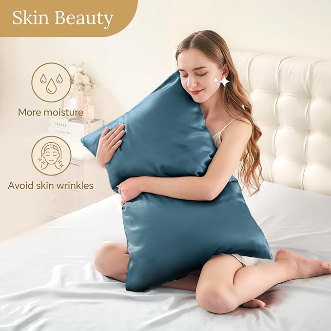INFIIXSO Silk Pillow Cases 2 Pack Standard Size, Ultra Smooth & Soft Mulberry Silk Pillow Case for Hair and Skin, Breathable Cooling Silk Pillowcase with Hidden Zipper (Bluesteel, 20x26 Inches)