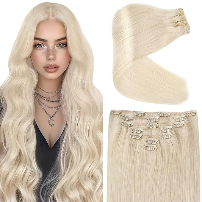 Ve Sunny Blonde Clip in Hair Extensions Human Hair Clip in Extensions Platinum Blonde Real Human Hair Extensions Clip ins Long Straight Hair Easy to Wear 7pcs 120g 20inch