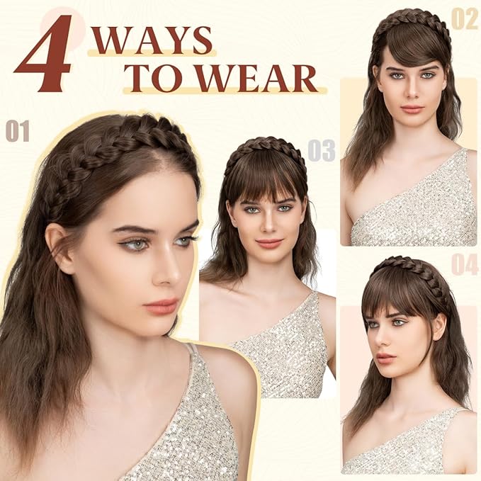 SARLA Braided Headband with 3 Detachable Clip in Bangs Fringe Hairpieces Fake Synthetic Hair Band Bangs for Women Bernstein Multi