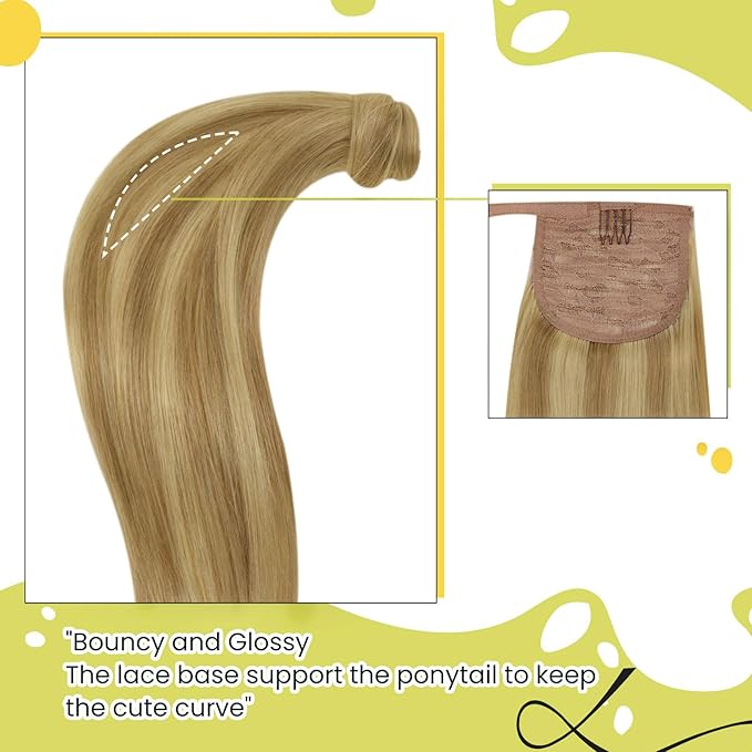 RUNATURE Ponytail Extension Human Hair Blonde, Real Hair Ponytail Extension For Women, Human Hair Ponytail Wrap Around, Remy Natural Hair, Easy to Install, 16 Inch 80g #16P24 Golden Blonde Highlights