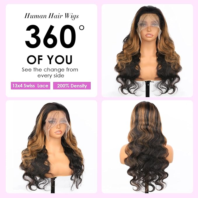 Highlight Wig Human Hair Body Wave Lace Front Wigs Human Hair Pre Plucked 13x4 Ombre Lace Front Wig Human Hair for Women 1B/30 Black with Brown Balayage Glueless Wigs 200 Density 22 Inch