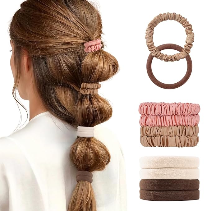 8PCS Silk Scrunchies & Seamless Cotton Hair Ties – No Damage, Elastic Ponytail Holders for Women, Strong Stretch Hair Bands for Thick & Fine Hair (Neutral Colors)
