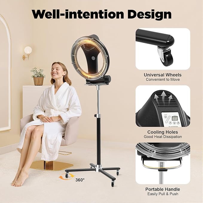 3 in 1 Orbiting Infrared Hair Dryer-Hair Steamer, Professional Infrared Hair Color Processor & Multi-Function Dryer Accelerator, Adjustable Height Standing Salon Hair Dryers w/Rolling Base 1000W 110V