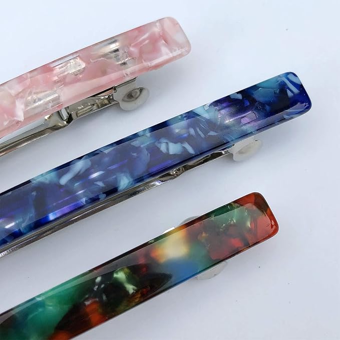 Long French Hair Barrettes 4 Inch Large Hair Clips for Women Thick Hair Automatic Clasp Clamp Pins Resin Nonslip Grip Ponytail Holders, Stylish Hair Accessories Blue Green Pink 3 Pack