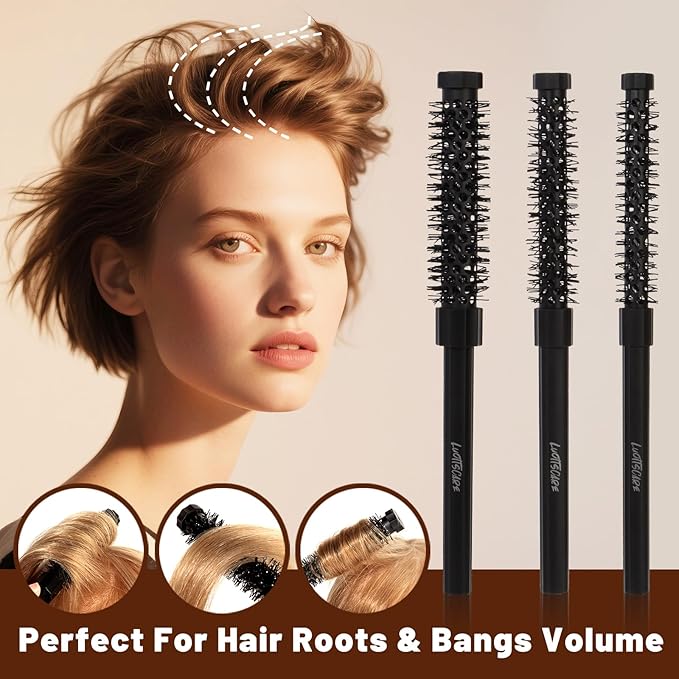 3pcs Small Round Hair Brush for Short Hair - Barrel Hair Brush for Blow Drying, Aluminum Round Brush for Bobs, Bangs, Lobs, Roots, Curling, Pixie Cuts, Straight Hair - Black