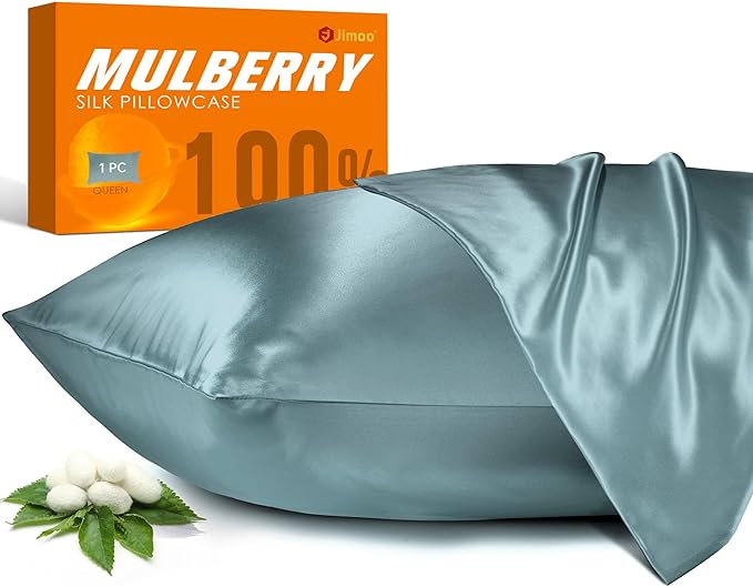 100% Mulberry Silk Pillowcase for Hair and Skin, 22 Momme Pure Natural Silk Pillow Case Both Sided with Zipper, Pillow Cover for Women Mom Men (Airy Blue, Standard 20''×26'', 1 Pack)