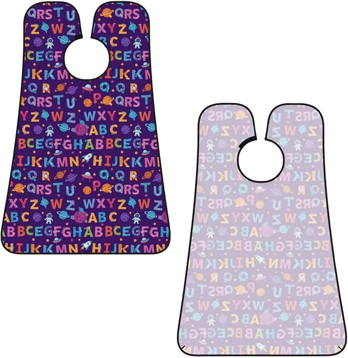 No-Slip Shaving Bib, Beard Grooming Apron with Strong Suction Cups, Cartoon UFO Astronaut Rockets Purple Galaxy Stars Nebula Letters Space Alphabet