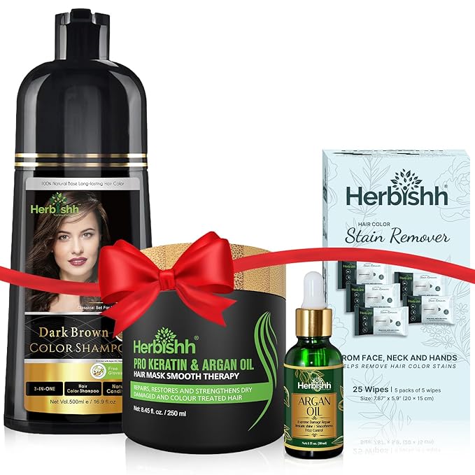Herbishh Hair Color Shampoo for Gray Hair – Natural Hair Dye Shampoo – Lasts Up To 3-4 Weeks – 500ML – 3-In-1 Hair Color – Colors, Cleanses, and Conditions (Dark Brown Gift Set)