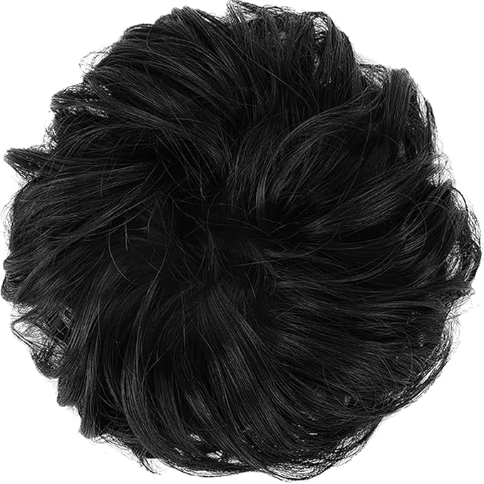 FESHFEN Messy Bun Hair Piece - Large Elastic Wavy Curly Hair Bun Scrunchies Ponytail Extensions Synthetic Chignon Hairpieces for Women, Natural Black 1.94oz