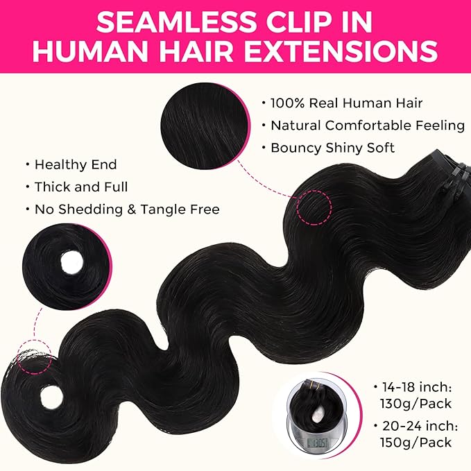 Lashey Seamless Clip in Hair Extensions Human Hair 150g 9pcs 20 Inch Body Wave #1 Jet Black Clip in Hair Extension for Women Natural Hair Extension