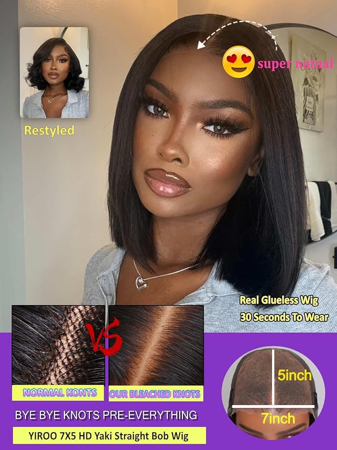YIROO Yaki Straight Bob Human Hair Drawstring Wigs Pre Cut 7x5 HD Lace Front Wig Bye Bye Knots Glueless Yaki Short Bob Human Hair Wigs Pre Plucked Invisible Knots 150% Density Ready to Go 14Inch