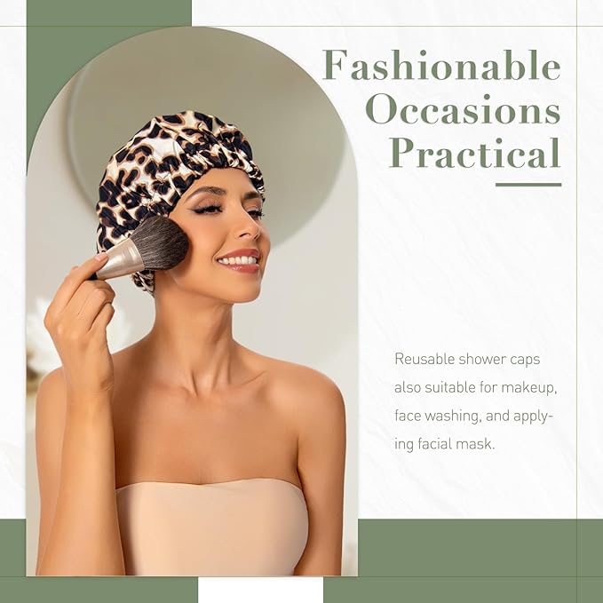 Reusable Shower Cap for Women, Large Waterproof Shower Essentials Bonnet Washable Elastic Band Bath Hair Wrap Hat for Long Hair, Braids(Leopard)