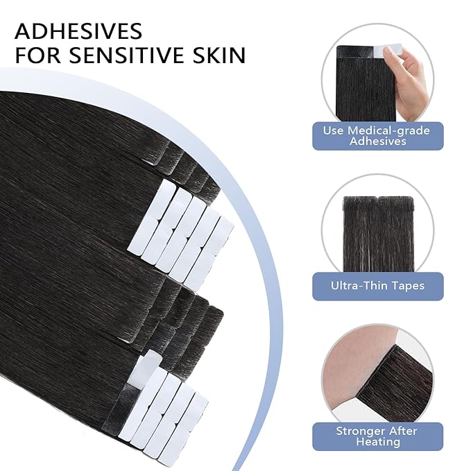 COOKAYU Invisible Tape in Extensions Human Hair, Natural Black Seamless Injected Tape Ins Remy Hair 22Inch 50g 20pcs Straight Invisi Edge Extensions Silky Smooth