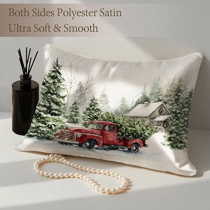 Imitation Silk Pillow Case for Hair and Skin Xmas Snowflake Vintage Red Truck 1 Pack Satin Pillow Case Standard Size with Hidden Zipper Smooth Cooling Pillow Cover for Sleeping 20”x26”