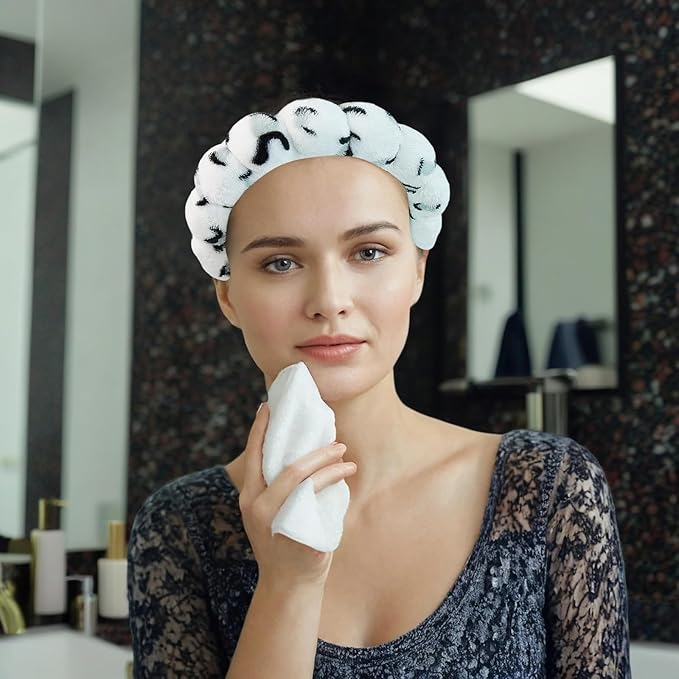 7 Pcs Spa Set, Facial Headband and Wristband Set, Skincare Accessories, College Style Girl Idea Gifts, Hair Accessories for Women and Girls（ Black White Leopard Print ）