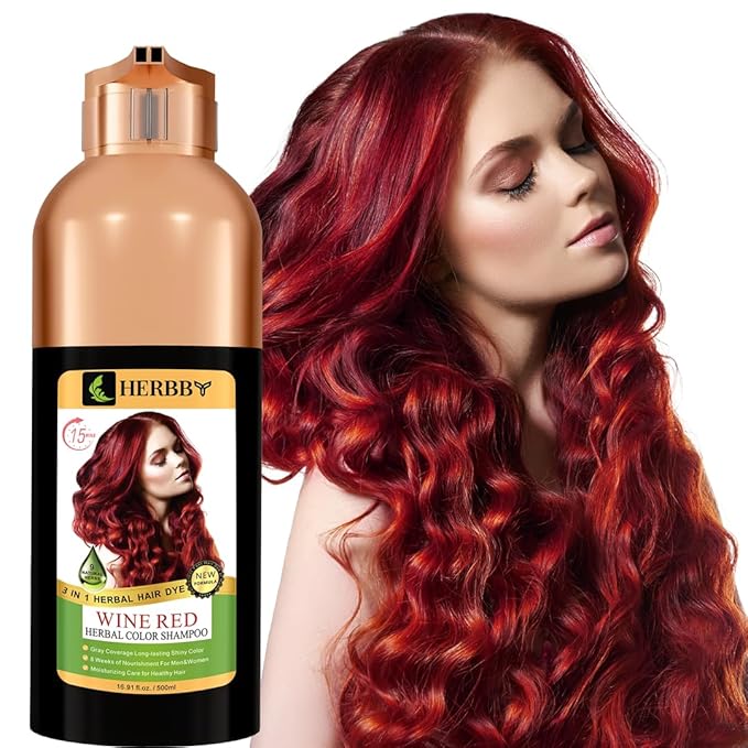 HERBBY Hair Color Shampoo for Gray Hair Coverage&Color Transform with 9 Herbal Extracts –Long Lasting(6-8 Weeks),Shiny,Evenly Colored,Instant Hair Dye Shampoo&Conditioner, 500 Ml (WINE RED COLOR)