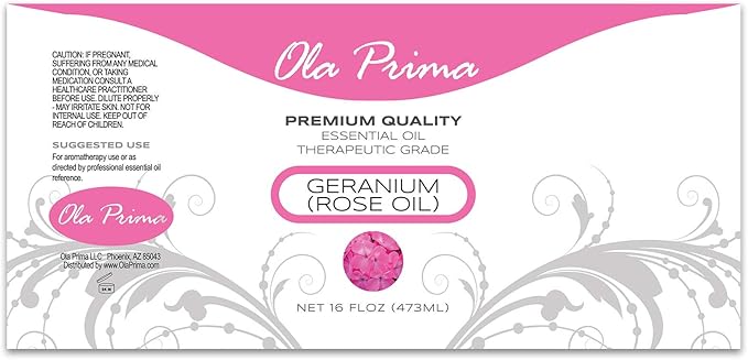 Ola Prima Rose Geranium Essential Oil Pure Therapeutic Grade for Aromatherapy Diffuser, Relaxation & Skincare (16oz Bulk)
