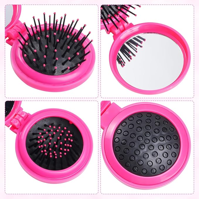 2pcs Folding Travel Mirror Hair Brushes Round Mirror Pocket Hair Brush Portable Mini Pop Up Hair Brushes for Women Girls Wet and Dry Hair