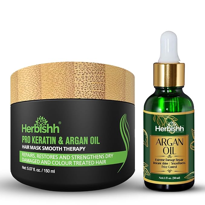 Herbishh Argan Oil & Hair Mask Combo For Deep Conditioning Treatment – Argan Oil for Hair Repair & Frizz Control (30ml) & Argan Hair Mask for Hydration (150ml), Sulfate & Paraben Free