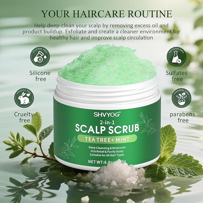 SHVYOG Scalp Scrub, Tea Tree & Coconut Oil Exfoliator Scrub for Itchy Scalp, Anti-Dandruff Detox Clarifying Exfoliator Shampoo with Sea Salt, Scalp Treatment with Scalp Scrubber