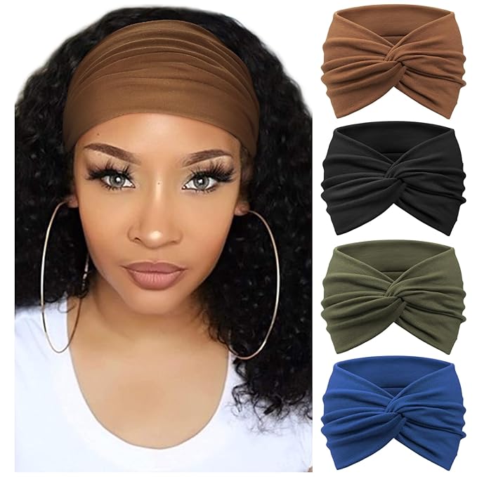 DRESHOW 4 Pack Turban Headbands for Women Wide Vintage Head Wraps Knotted Cute Hair Band Accessories