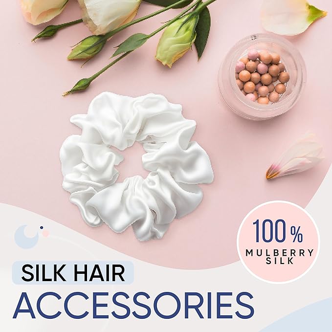 Blissy Silk Scrunchies (3 Pack) - 100% Pure Mulberry Silk - 22 Momme 6A High-Grade Fibers Scrunchie for Straight & Curly Hair - Preventing Breakage, Tangling, & Creasing (White Skinny)