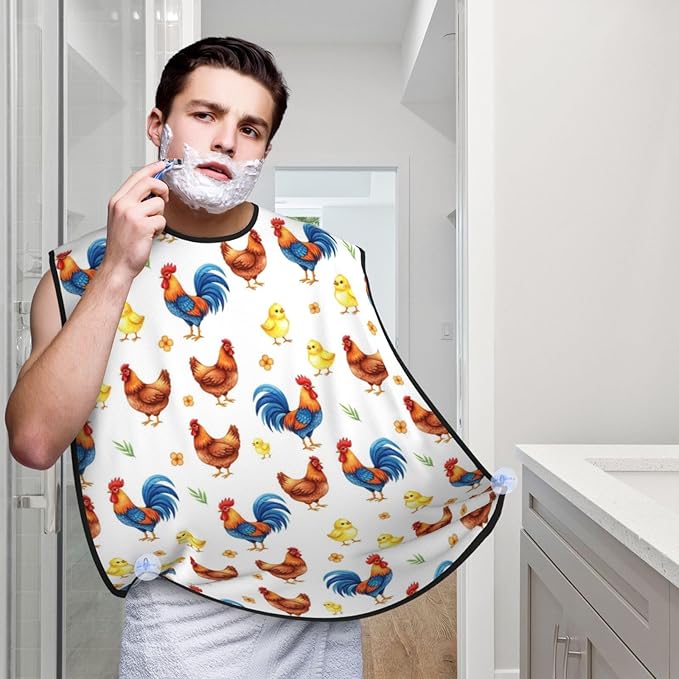 Beard Hair Catcher Bib, Waterproof Non-Stick Grooming Apron for Shaving Trimming, Perfect for Men Dad, Cute Hen Rooster Chicken Shave Bib