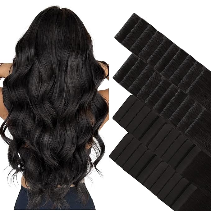 GOO GOO Invisi Edge Tape in Hair Extensions Human Hair, 1B Natural black 20pcs injected with 20pcs classical tape ins, 18inch 100g, Virgin Remy Hair, Natural Look