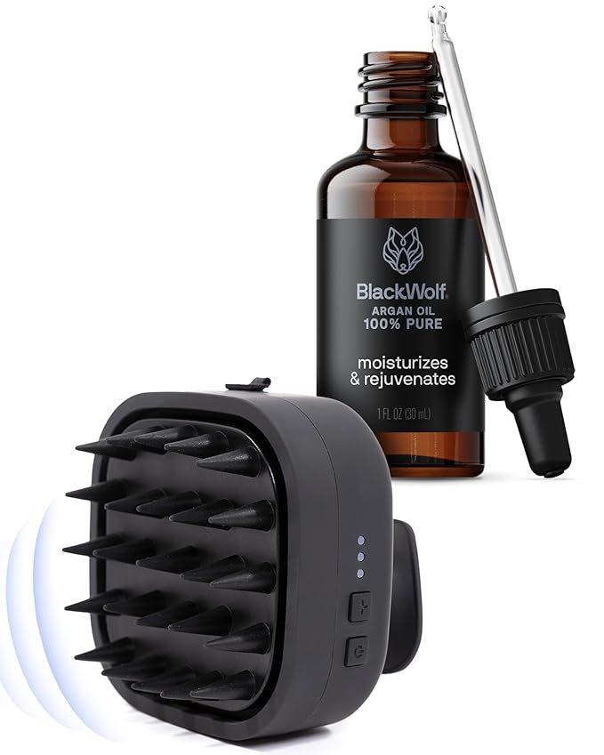Black Wolf Sonic Scalp Head Massager & 100% Pure Argan Oil Bundle - Hair Care Products for Healthy Looking Hair & Scalp - Men's Shower & Bathroom Essentials Set