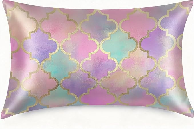 1 Pack Satin Pillowcase for Hair and Skin Vintage Colorful Moroccan Gold Line Imitation Silk Pillowcase with Hidden Zipper Soft Breathable Pillow Cover Standard Size for Bedroom Sofa 20”x26”