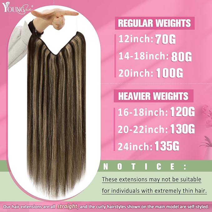 YoungSee 120G Wire Hair Extensions Highlight Invisible Wire Hair Extensions Real Human Hair Dark Brown Highlight Blonde Human Hair Headband Extensions Easy to Wear 18inch