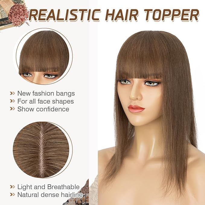 Rich Choices Real Human Hair Toppers for Women With Bang 100% Remy Human Hair Topper for Thinning Hair Clip in Silk Base Hair Topper 14 Inch #4R Chestnut Brown