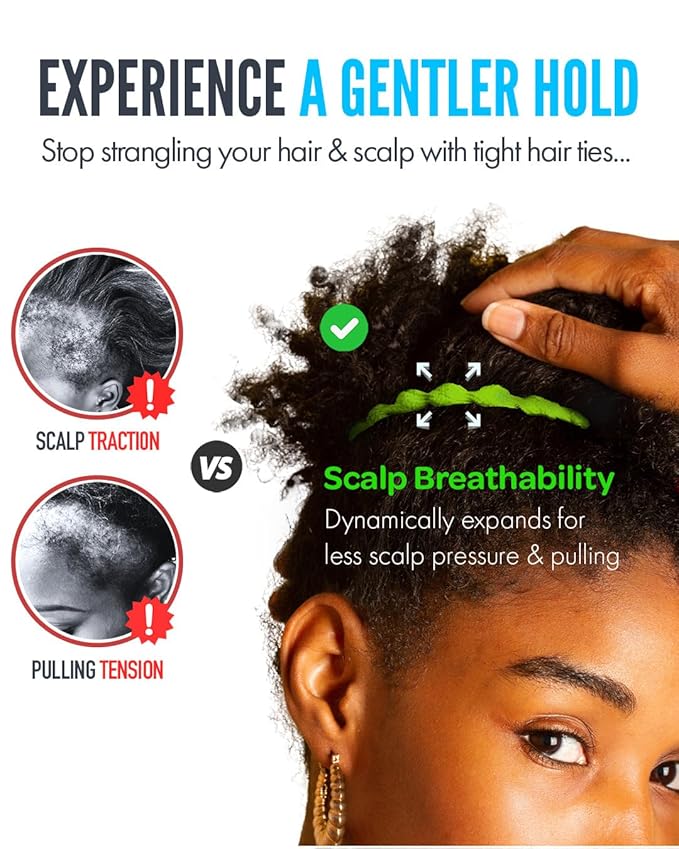 Bunzee Bands Large Adjustable Hair Ties for Thick, Thin, Curly, & Natural Types | Soft No Damage Ponytail Holders for Braids, Locs, Puffs, Buns | Elastic Hairband Accessories for Women | Black