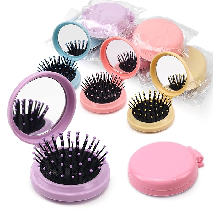 50pcs Folding Travel Mirror Hair Brushes Round Folding Pocket Hair Brush Mini Hair Comb Compact Travel Size Hair Massage Combor Women and Girls (5Colors)