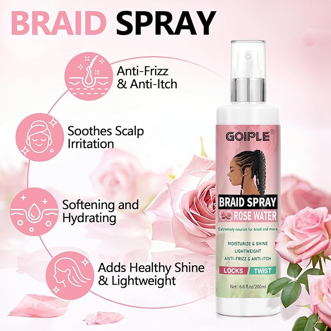 Braid Spray Rose Water for Dreads, Dreadlocks, Locks Spray Rose Water for Itchy Scalp, Shine&Bightweight for Dull Hair Twists, Cornrows, Box Braids Moisturizer Loc Moisturizer Braid Bristle Hair Brush