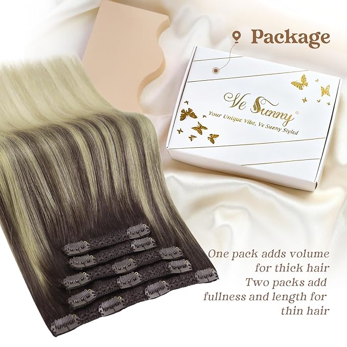 Ve Sunny Clip in Hair Extensions, Human Hair Clip in Extensions, Clip on Hair Extensions for Women, Dark Brown Ombre Golden Blonde Mix Platinum Blonde Straight Hair Extensions 7pcs 24inch 120g
