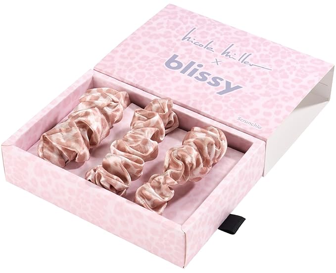 Blissy Silk Scrunchies (3 Pack) - 100% Pure Mulberry Silk - 22 Momme 6A High-Grade Fibers Scrunchie for Straight & Curly Hair (Nicole Miller - Mauve Cheetah, Regular)