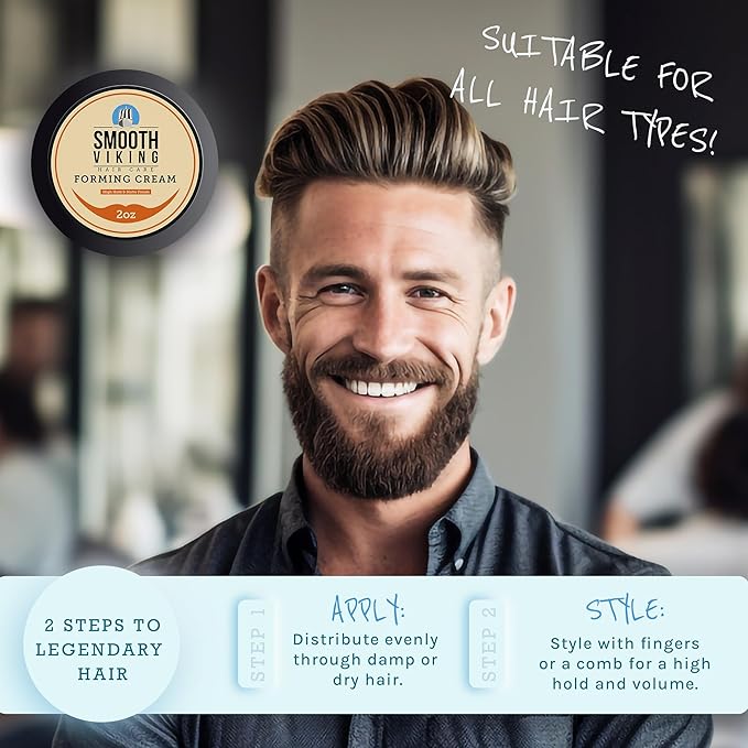 Smooth Viking Forming Cream - High Hold Styling Cream for Matte Finish, Men's Hair Products, Hair Paste for Short, Curly and Long Hair, Made in USA, 2oz