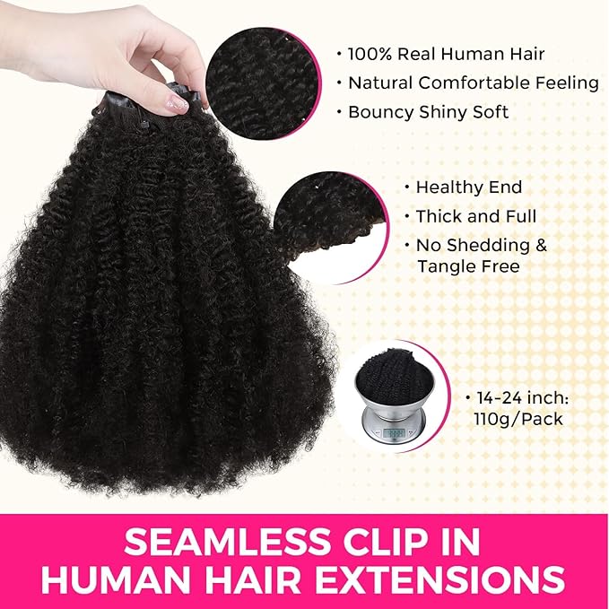 Lashey Seamless Clip in Hair Extensions Human Hair 110g 7pcs Afro Kinky Curly Human Hair Clip in Extensions 24 Inch Natural Black Hair Extensions Real Human Hair