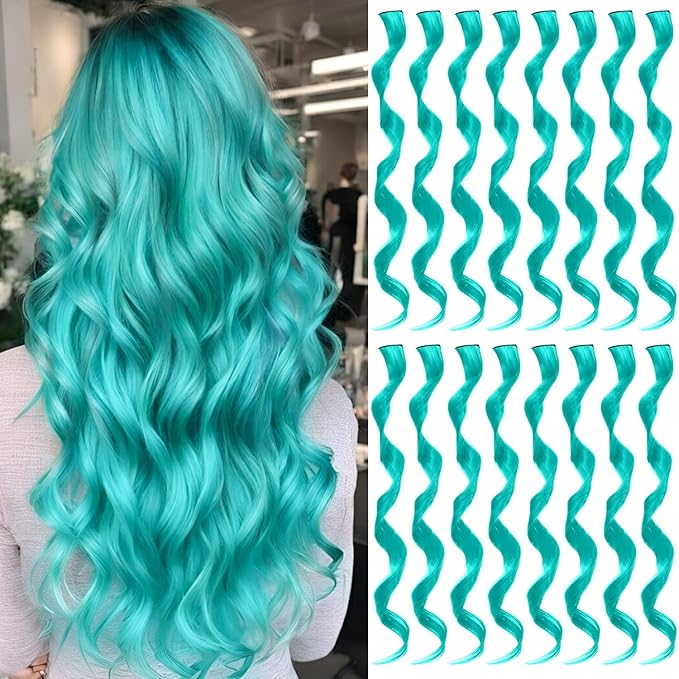 16 Pcs Colored Hair Extensions Curly Wavy Clip in Synthetic Hair Extensions,Colorful Party Highlights Hairpiece Streak for Girls Women Kids(Teal Blue)