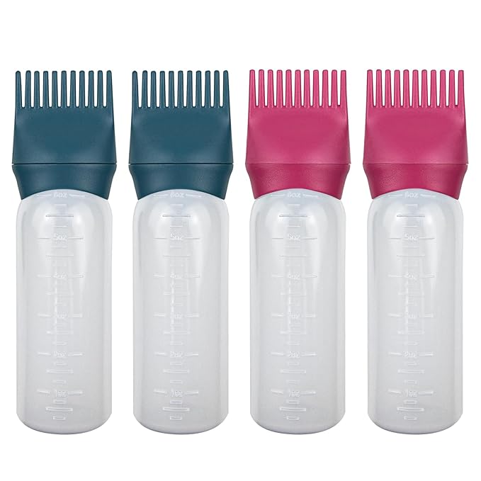ELANE 4 Pack Root Comb Applicator Bottle, Hair Oiling Applicator for Hair Dye, Shampoos, Salons (Red+Green)