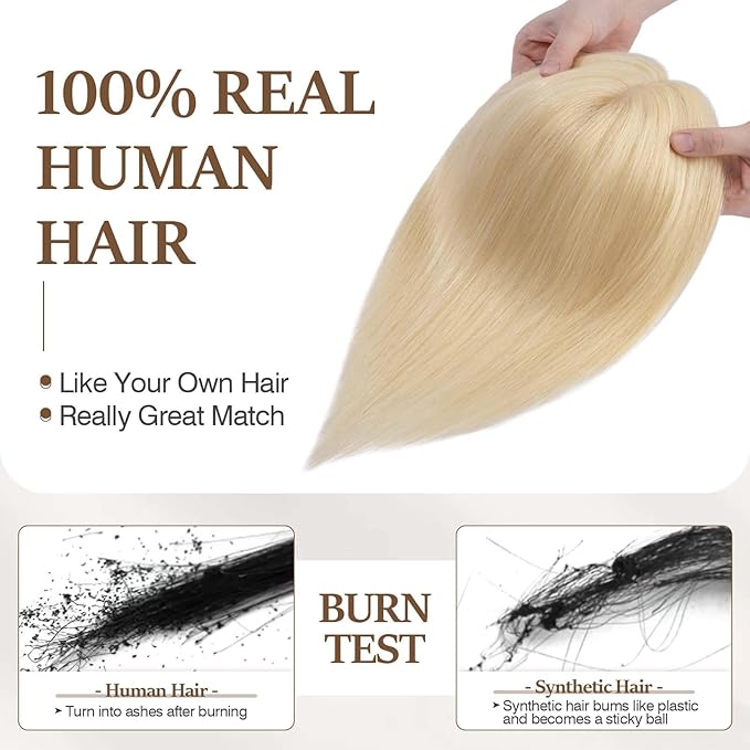 Rich Choices Hair Toppers for Women Real Human Hair 100% Human Remy Toppers NO Bangs for Women with Thinning on Top Clip in Hairpiece 4"x4.7"Lace Base 16 Inch #613 Bleach Blonde