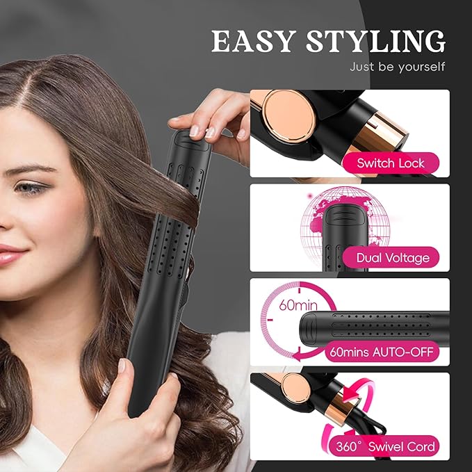 SKIMI Airflow Styler, Titanium Flat Iron Hair Straightener, Professional Curling Iron with Cooling Air Vents to Lock in Style, 5 Temps & Dual Voltage, Auto Off (Black & Rose Champagne).