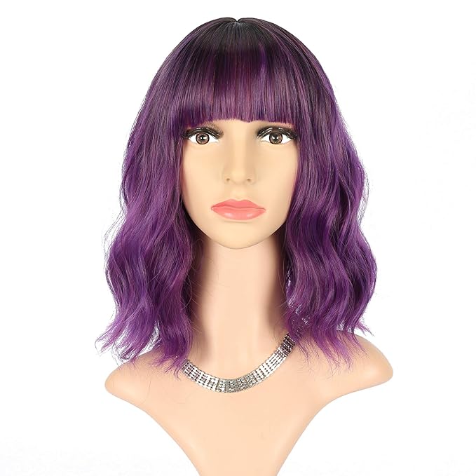 FAELBATY Purple Wig With Bangs Short Bob Synthetic Cosplay Wig for women Costume Wigs (12" Ombre Dark Purple Color)