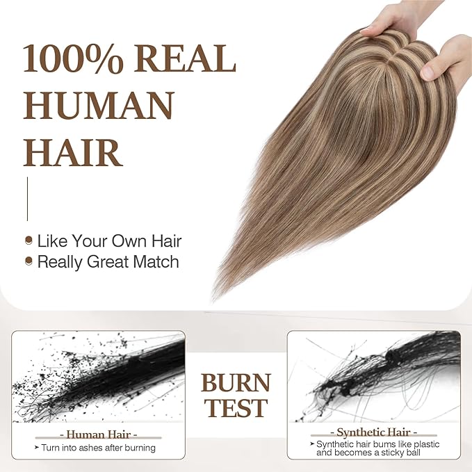 Rich Choices Hair Toppers for Women Real Human Hair 100% Human Remy Toppers NO Bangs with Thinning on Top Clip in Hairpiece 4"x4.7"Lace Base 16 Inch #4P27 Medium Brown Highlights Dark Blonde