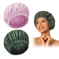 Reusable Shower Cap for Women, Large Waterproof Shower Essentials Bonnet Washable Elastic Band Bath Hair Wrap Hat for Long Hair, Braids(Green&Purple)