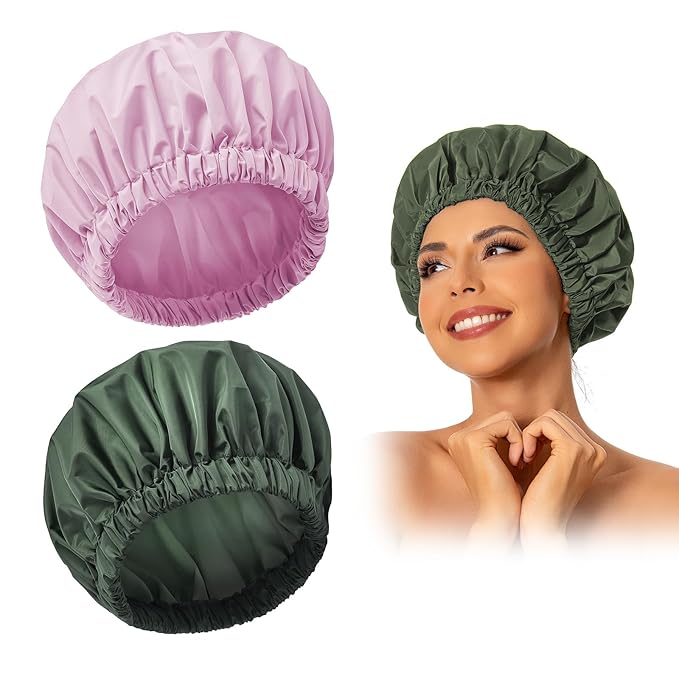 Reusable Shower Cap for Women, Large Waterproof Shower Essentials Bonnet Washable Elastic Band Bath Hair Wrap Hat for Long Hair, Braids(Green&Purple)