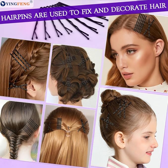 510PCS Black Bobby Pins Hair Pins Kit with Hair Net, YINGFENG Includes 100 Bobby Pins for Women, 100 U-Shaped Buns Hair Clips, 300 Hair Bands and 10 Black Hair Nets, Dance competition must haves