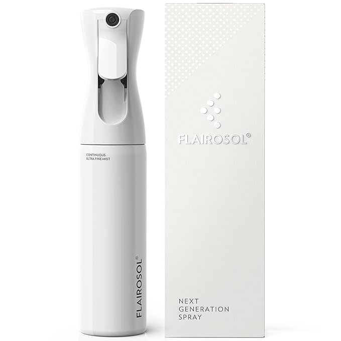 FLAIROSOL - The Original, Spray Bottle for Hair, Continuous Ultra Fine Water Mister Spray Bottle for Hairstyling, Barbers, Salons, Cleaning, Plants, 10.1oz/300ml, White Bottle - Black Print